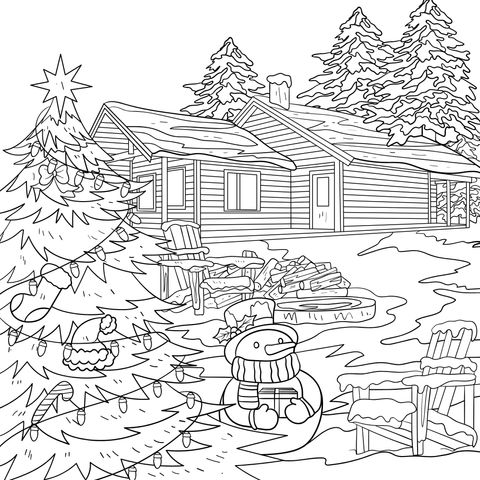 Christmas - themed Coloring Page: Cozy Cabin and Cheerful Snowman