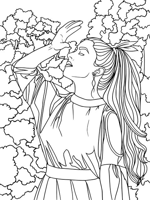 Coloring Page of a Red - Haired Woman in an Outdoor Scenery