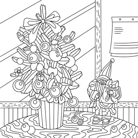 Christmas - themed Coloring Page: Christmas Tree and Elf