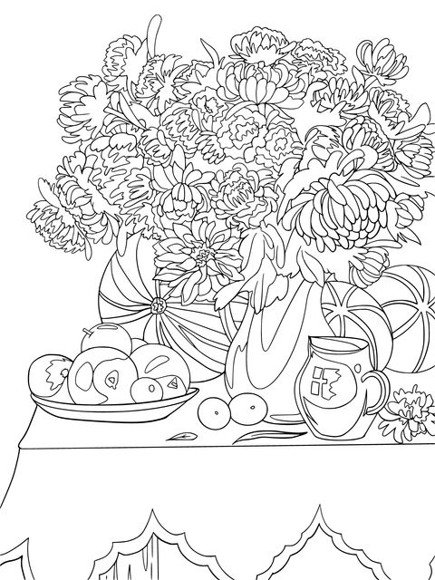 Colorful Flower and Fruit - Vegetable Still - Life Coloring Page