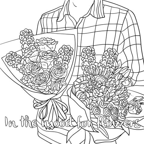 Coloring Page Illustration of a Person Holding Colorful Bouquets