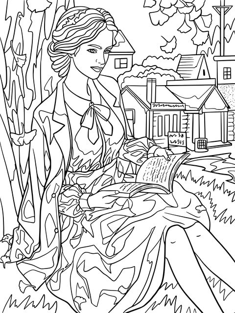 Coloring Page of a Girl Reading in Autumn