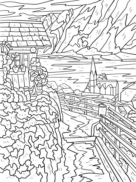 Mountain - Lake Cottage Scenery Coloring Page