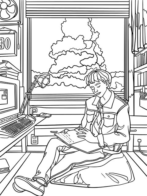 Coloring Page of a Boy Concentrating on Writing in His Room