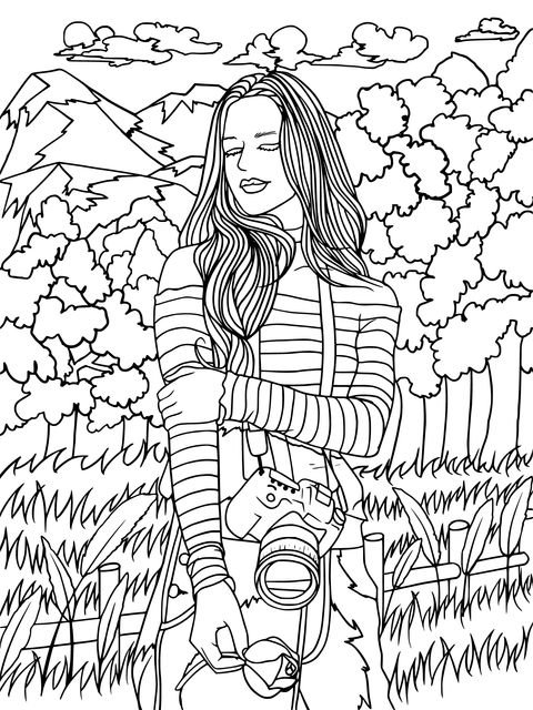 Coloring Page of a Woman with a Rose and Camera Outdoors