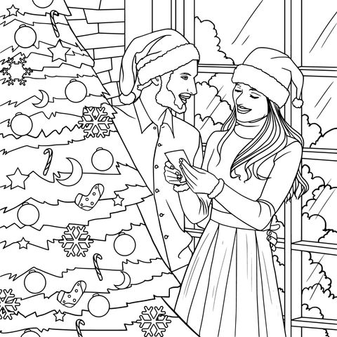 Página para colorear de una pareja pasando Navidad juntos