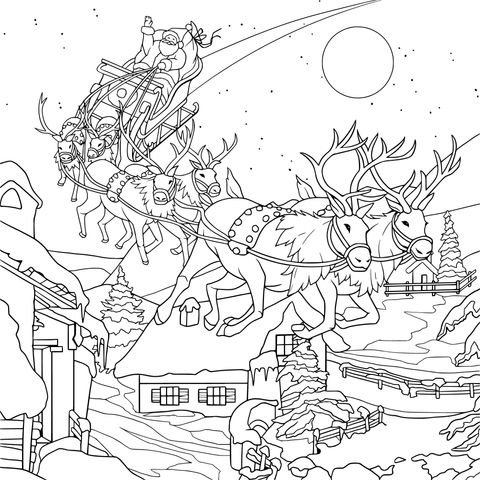 Coloring Page of Santa Claus Flying on Reindeer - Sleigh