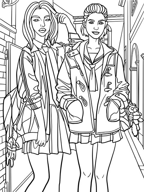 Fashionable Teen Girls Street - scene Coloring Page