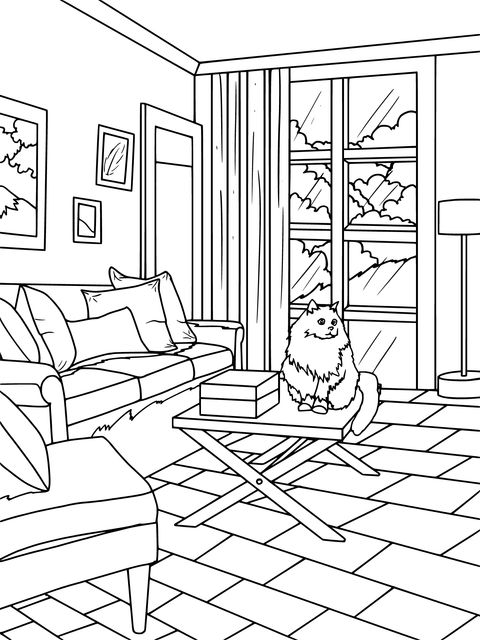 Coloring Page of a Cat in a Cozy Living Room