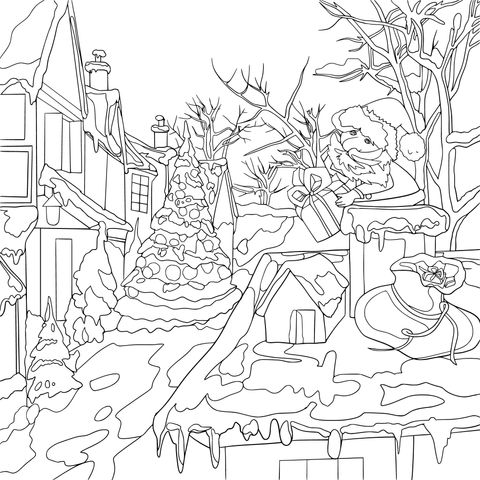 Santa Claus Delivering Gifts on the Roof Christmas Coloring Page