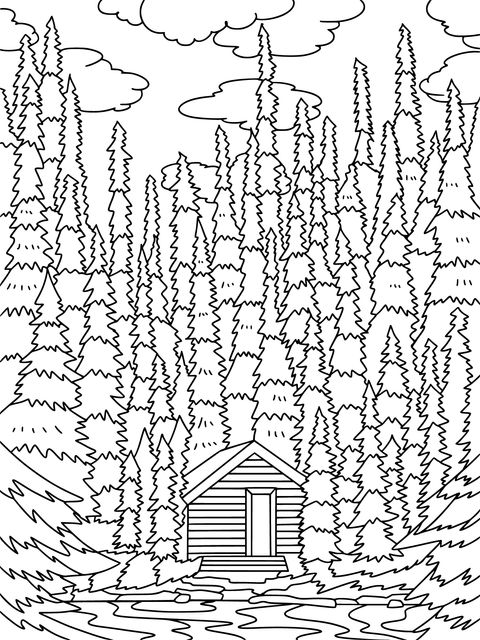 Coloring Page of a Cabin in the Forest