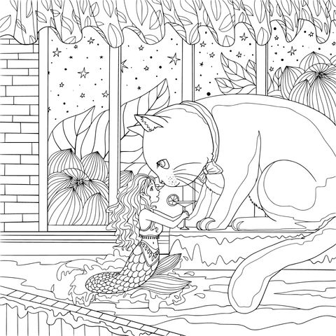 Fantasy Encounter of a Mermaid and a Big White Cat Coloring Page