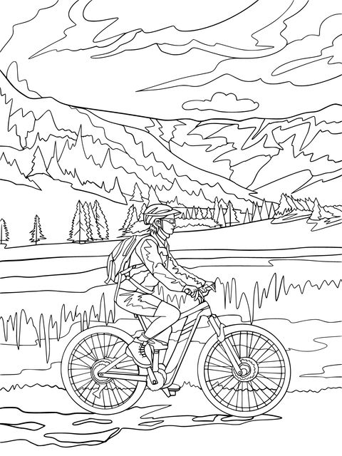 山林での自転車乗りの塗り絵ページ