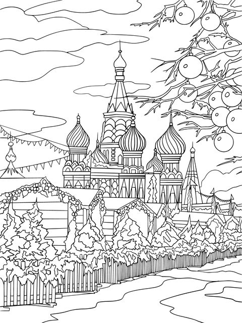 Winter - themed Coloring Page of St. Basil's Cathedral in Moscow