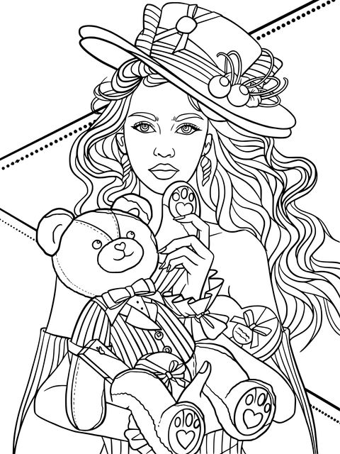 Fashionable Girl with Teddy Bear Coloring Page