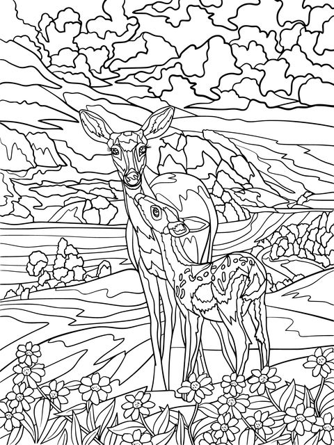 Coloring Page of Mother - fawn and Pastoral Scenery