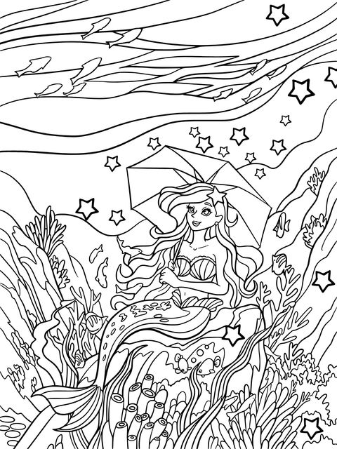 Mermaid with Umbrella Under the Sea Coloring Page