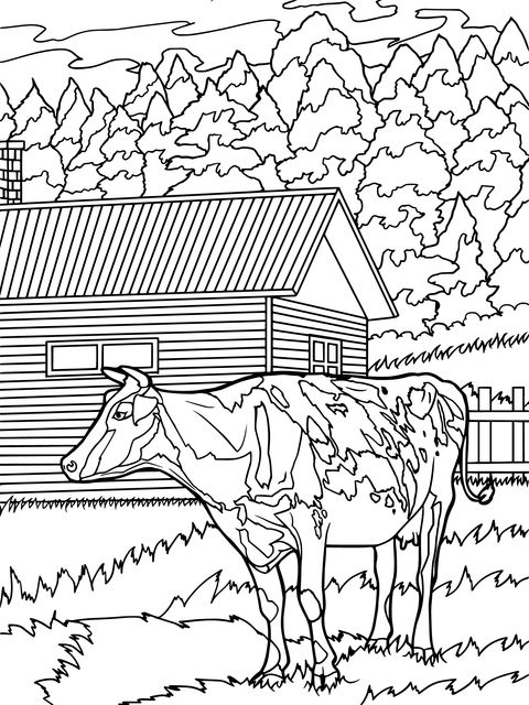 Farm Cow and Cottage Coloring Page