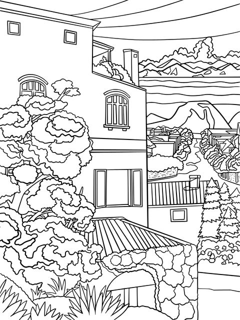 Beautiful Small - Town Landscape Coloring Page