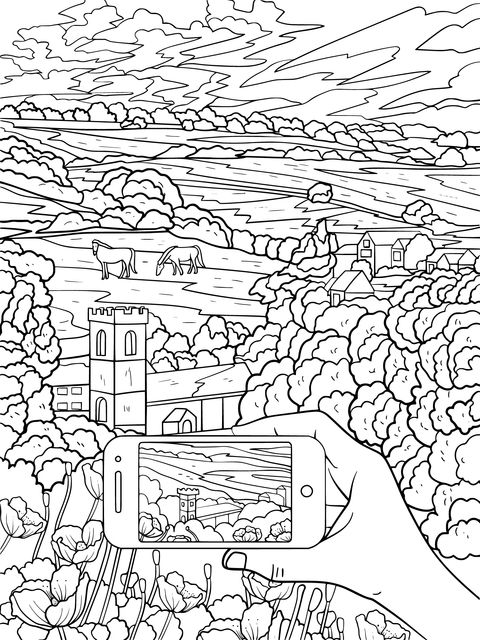 Rural Scenery Coloring Page: Capturing Beautiful Scenes with a Mobile Phone