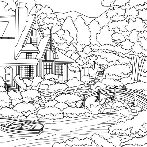 Winter Cottage Landscape Coloring Page