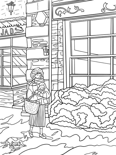 Coloring Page of a Lady and a Dog on a Winter Street