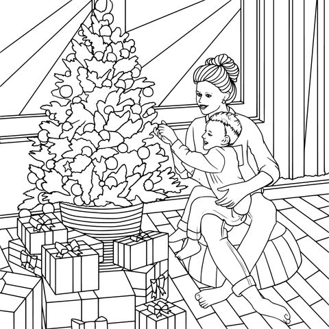 Dibujo para colorear de la escena cálida de una madre y un hijo decorando un árbol de Navidad