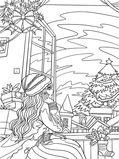 Página de colorear de una chica junto a la ventana en Navidad