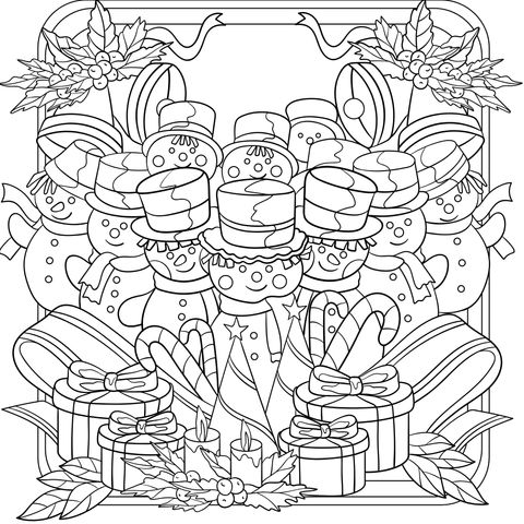 Christmas - themed Coloring Page: Snowmen, Bells and Gifts