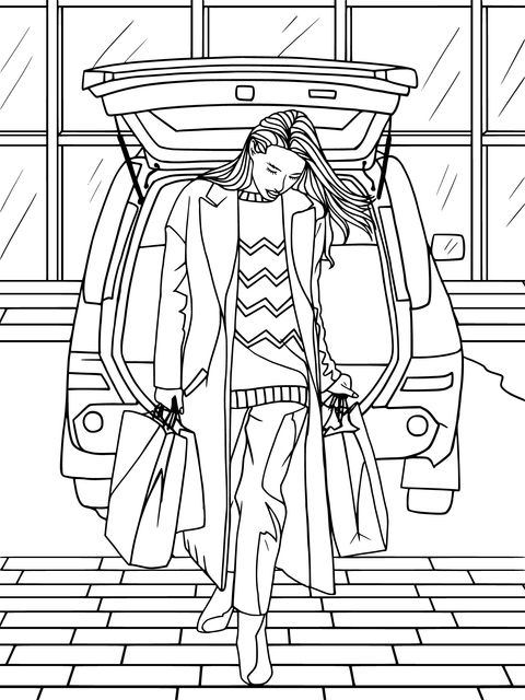 Fashionable Woman Returning from Shopping Coloring Page