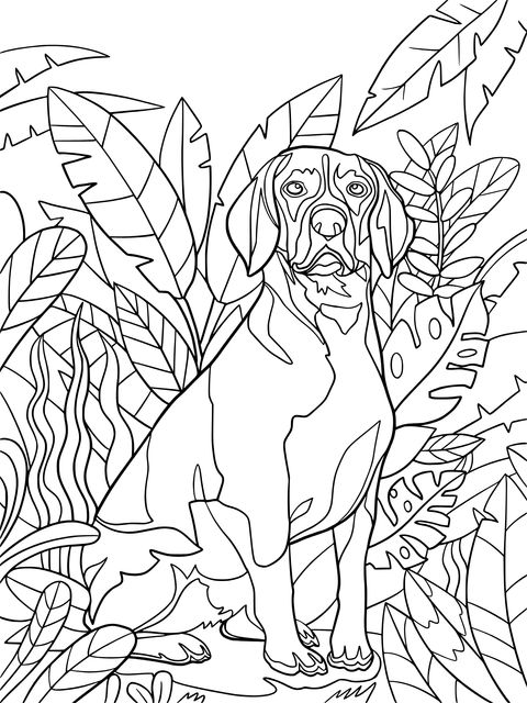 Página de colorear de un perro cazador en la jungla