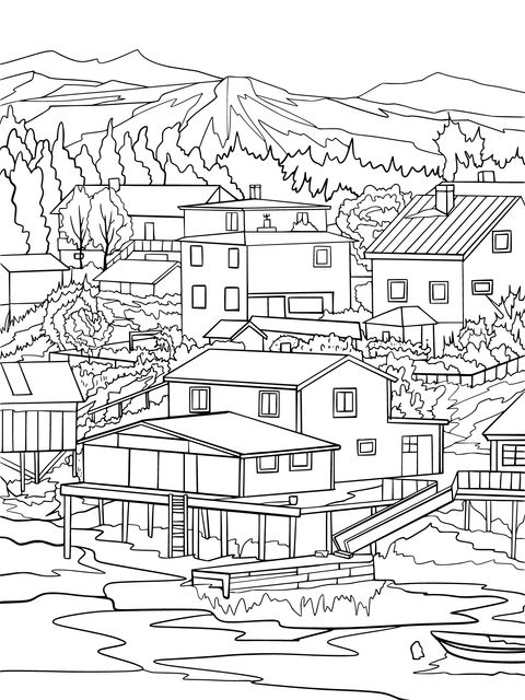 Colorful Houses by the Lake Coloring Page