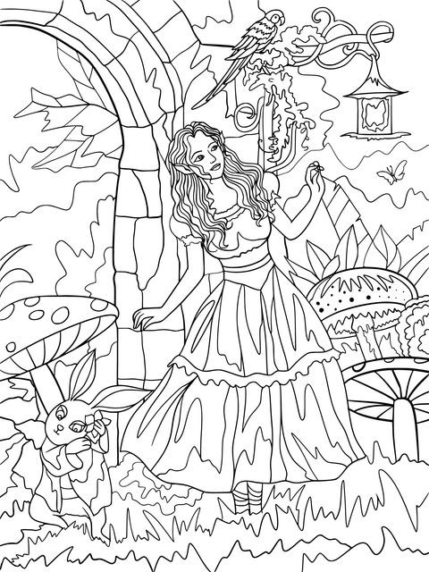 Dreamy Fairy - Tale World Coloring Page: Blonde Girl and White Rabbit