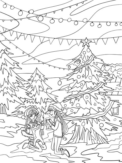 クリスマスシーンの塗り絵：クリスマスツリーのそばで女の子とペット