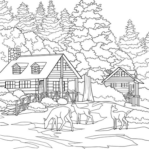 Winter Cabin and Deer Coloring Page