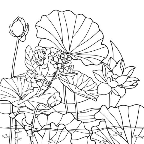 Fairy in Lotus Pond Coloring Page