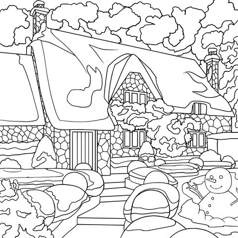 Winter Snow - scene Cottage Coloring Page