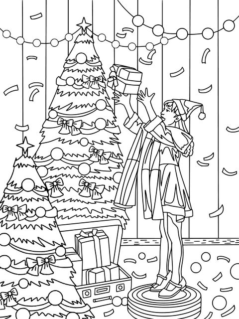 Christmas Girl Decorating Christmas Tree Coloring Page