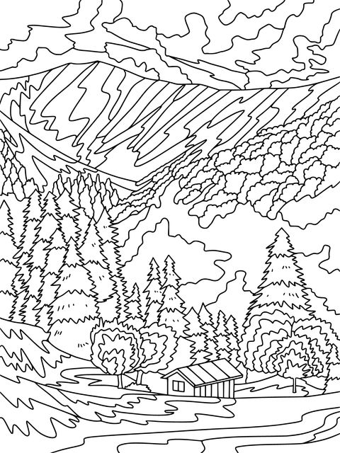 Mountain Forest Cabin Landscape Coloring Page