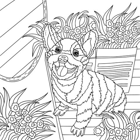 Adorable Corgi and Flowers Coloring Page