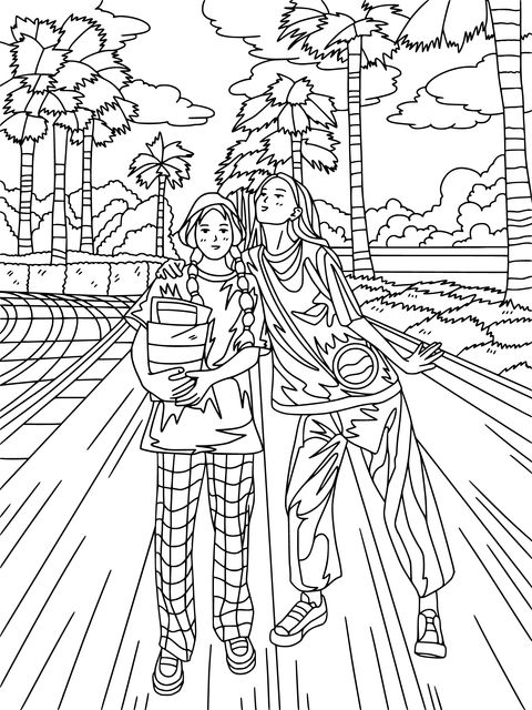 Coloring Page of Young Girls Walking Together on Campus