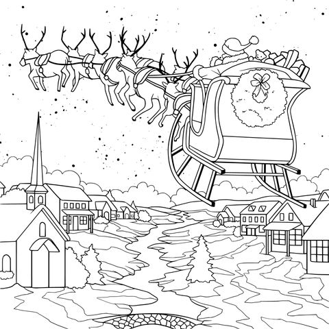 Santa Claus flying over a snowy town in a sleigh