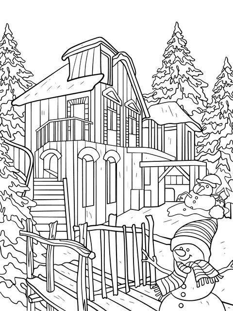 Winter Snow - scene Log - cabin Coloring Page