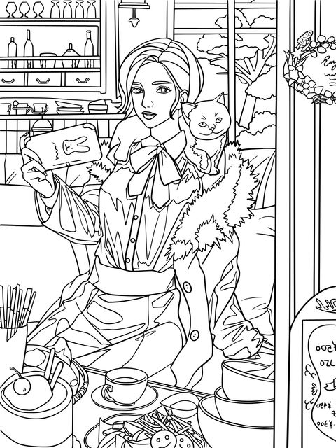 Coloring Page of a Stylish Girl and Her Cat in a Cozy Moment