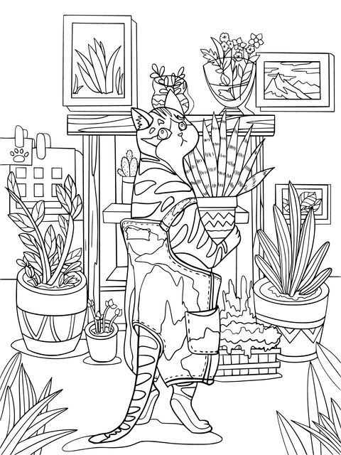 Cute Cat Holding a Flower - Pot Coloring Page