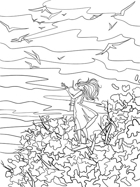 Coloring Page of a Girl Playing the Violin under the Sunset