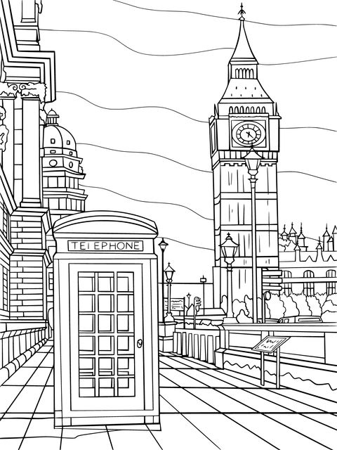 Página para colorir dos monumentos de Londres: Caixa telefónica vermelha e Big Ben