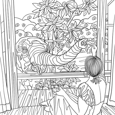 Coloring Page Illustration of a Girl Interacting with an Elephant Outside the Window