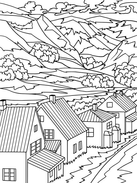 Rural Village Landscape Coloring Page