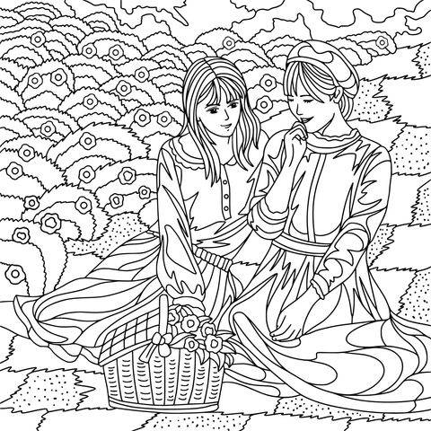 Coloring Page of Two Women in the Countryside